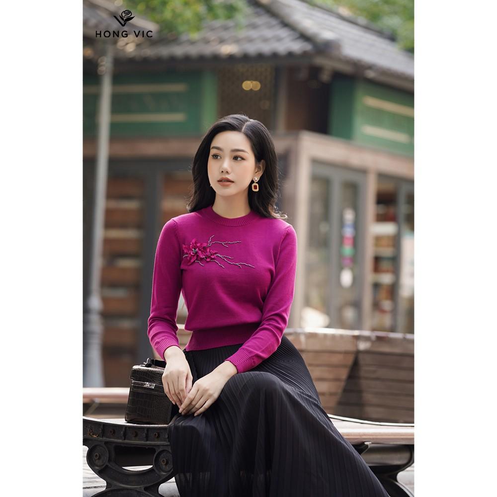 Áo nữ thiết kế Hongvic len hồng đậm đính hoa AL04