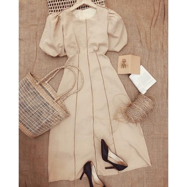 Đầm váy cổ tròn viền sọc nâu 2 màu  phù hợp đi làm đi chơi dạo phố