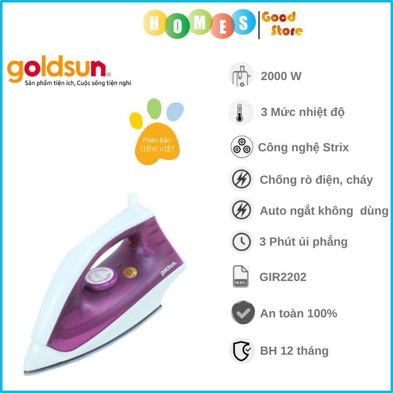 Bàn Ủi Khô Cầm Tay GOLDSUN GIR2202 3 Chế Độ Điều Chỉnh Công Suất 1000W - Hàng Chính Hãng