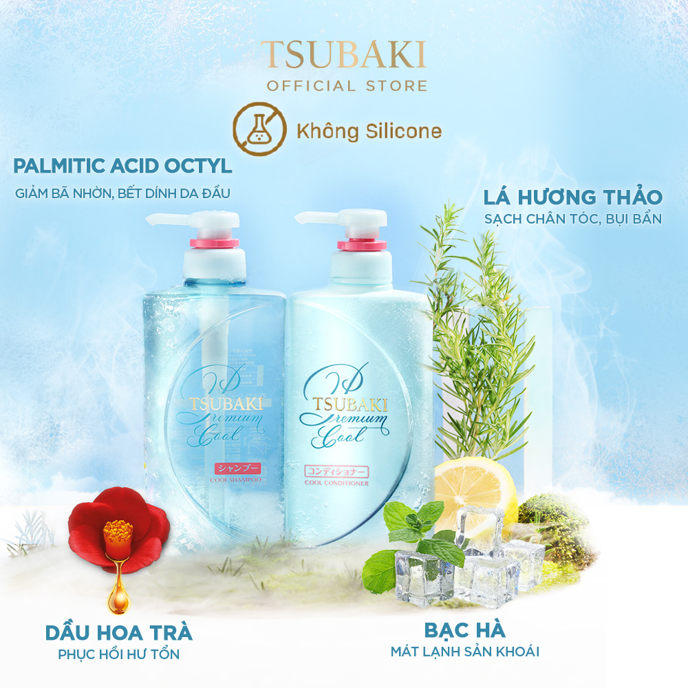 Bộ 5 Tsubaki mát lạnh sạch dầu và chăm sóc tóc chuẩn salon (Gội Xả 490ml/chai + Xịt dưỡng tóc 220ml + Mặt nạ tóc 180g + Dầu dưỡng 50ml)