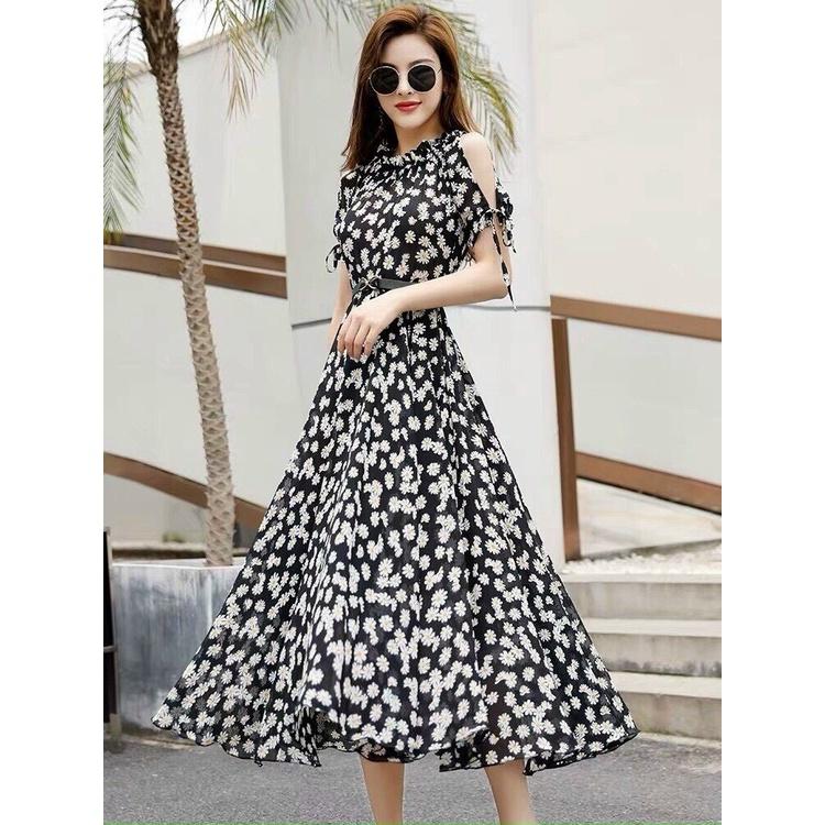 Đầm Maxi Hoa Cúc Thiết Kế Hở Vai Cột Dây, Cổ Nhún Bèo Xịn Sò, Tôn Dáng Yểu Điệu Thướt Tha, Sang Chảnh