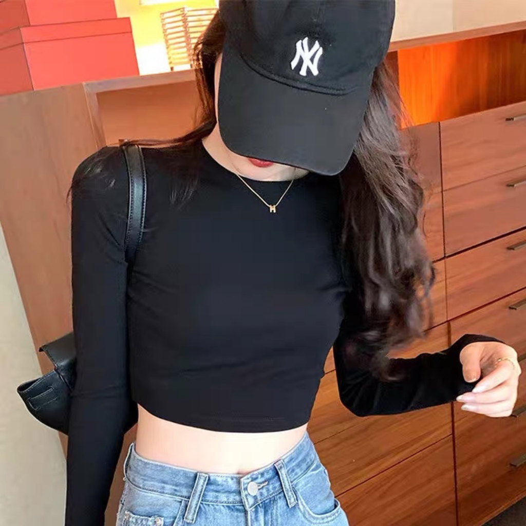 Áo croptop cổ tròn dài tay chất thun co giãn dễ mix đồ freesize