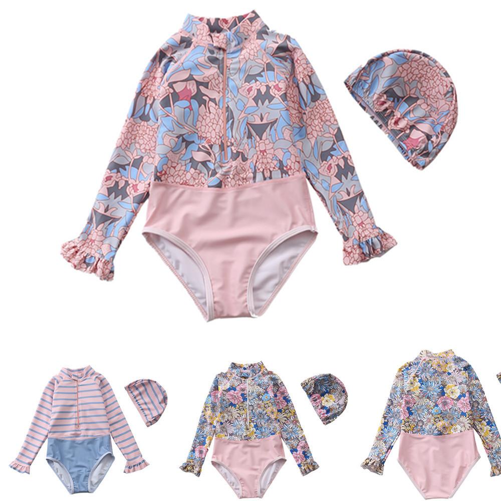 Đồ Bơi Trẻ Em Bé Đầm Váy Nữ Cho Bikini Trẻ Rashguard Trẻ Em Có Thể Đi Biển Bé Gái Một Mảnh Tay Dài Hàn Quốc Công Chúa In