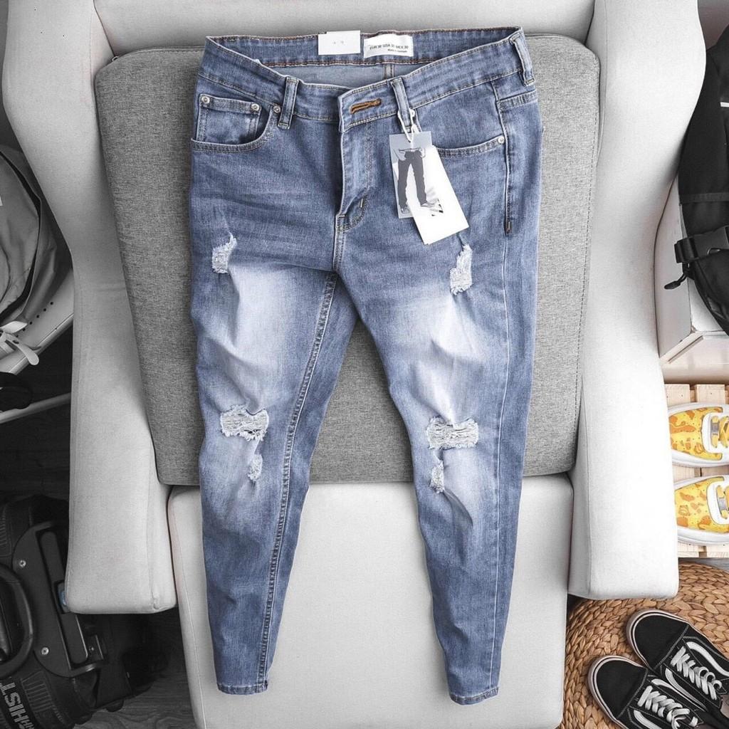 Quần jean cá tính phối rách gối cao cấp King168 , quần jean nam thời trang cao cấp W33