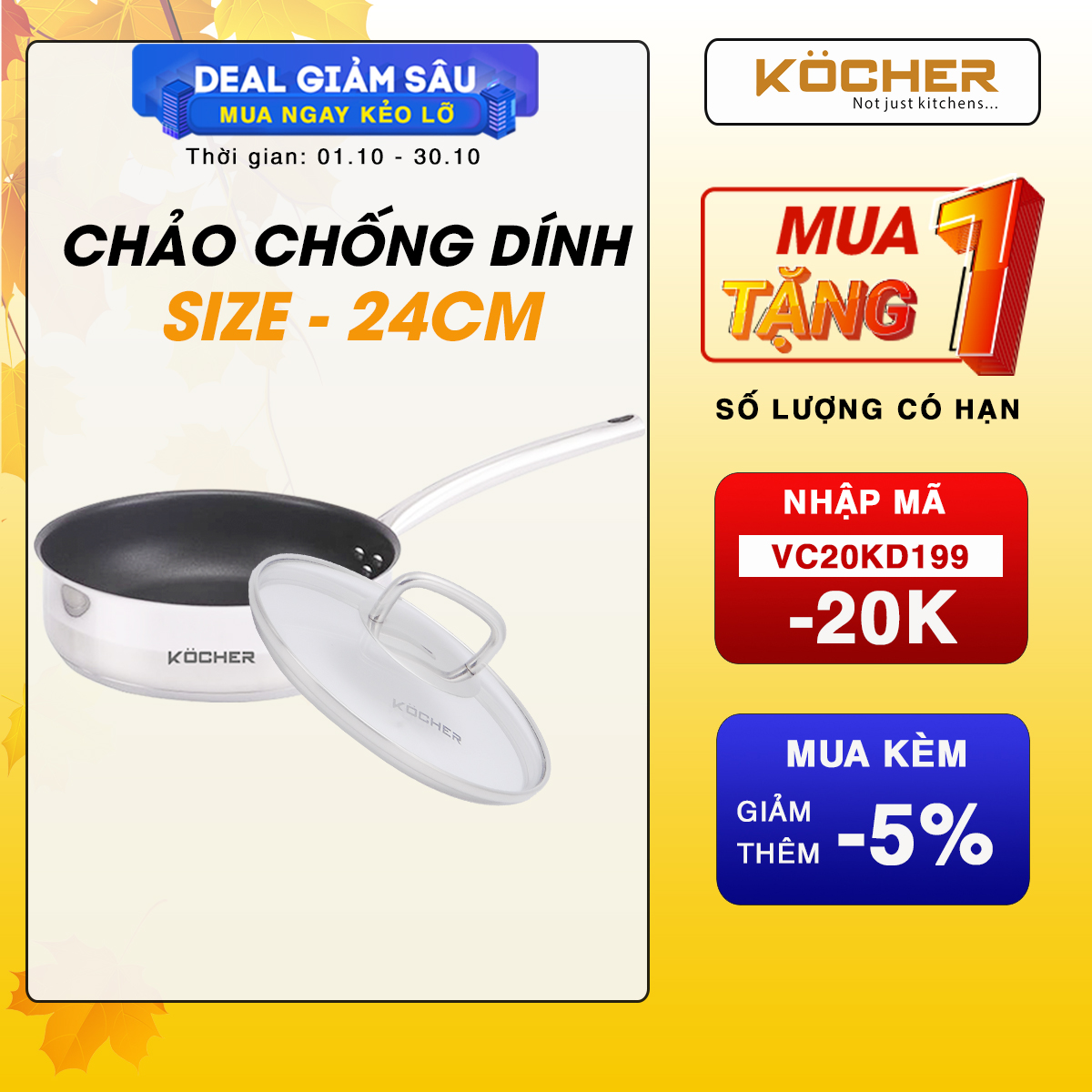 Chảo Chống Dính Bếp Từ, Chảo Đáy Từ Sâu Lòng KOCHER Có Nắp Kính Kocher Cao Cấp Size 24cm