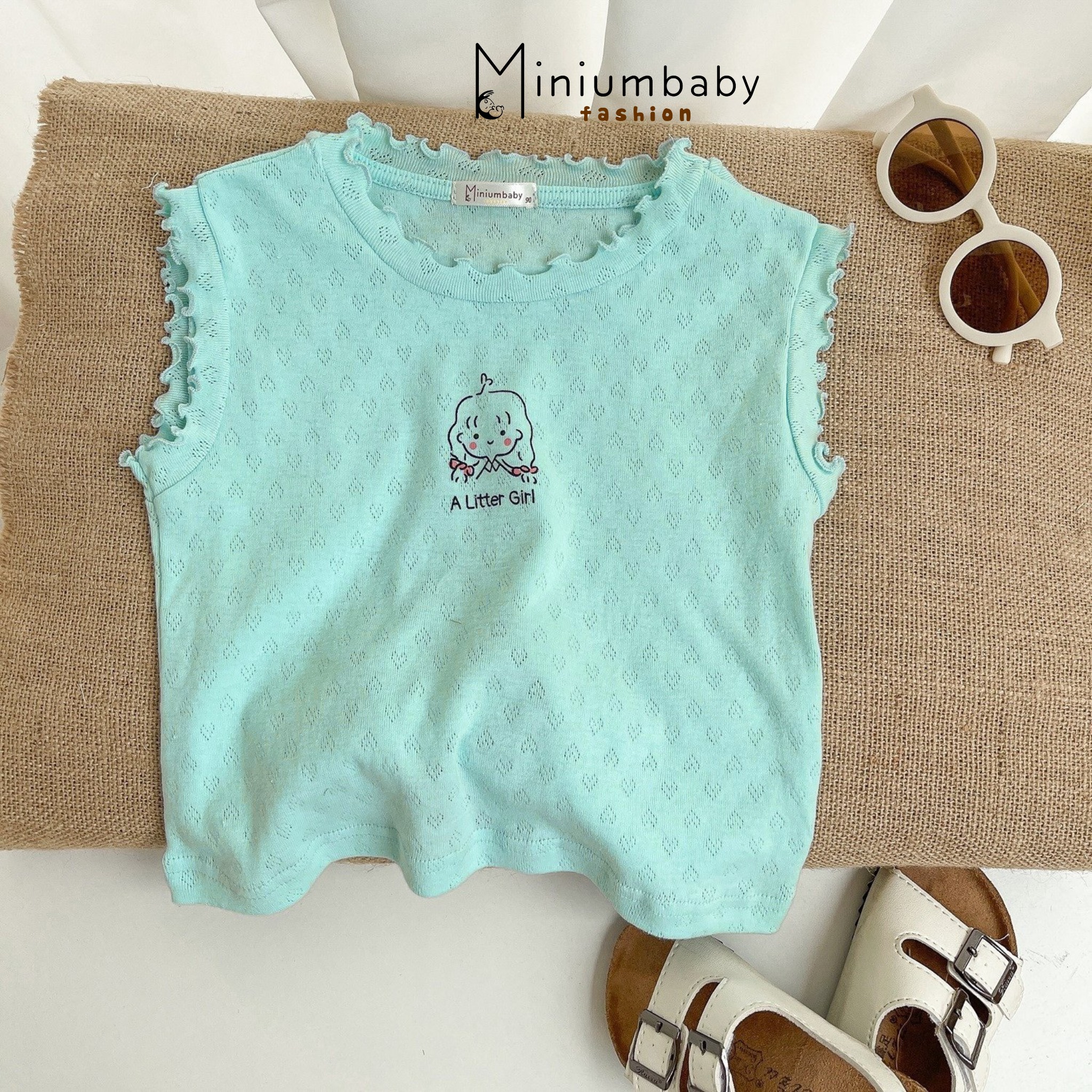 Áo sát nách bé gái 1-6 tuổi vai bèo hình em bé vải cotton thông hơi co giãn thấm hút mồ hôi kiểu dáng thời trang