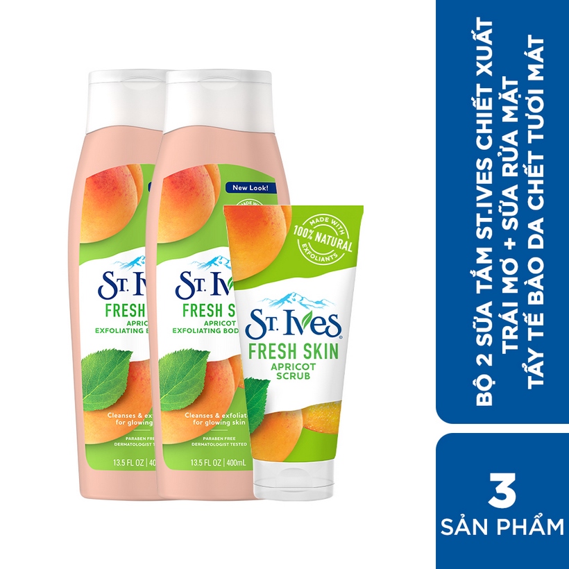 Bộ sữa tắm St.Ives Chiết Xuất Trái Mơ (400ml x 2) + Sữa rửa mặt tươi mát St.Ives Chiết Xuất Trái Mơ 170g