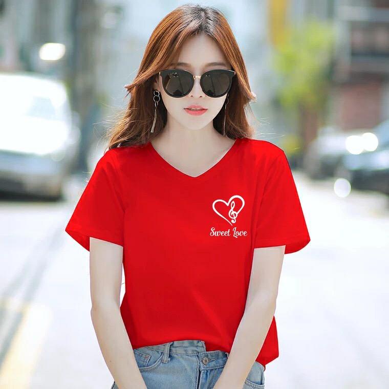 Áo thun nữ MXM cổ tim form rộng in tim Sweet Love thun cotton 4 chiều từ 45-60kg ( ANU035 )