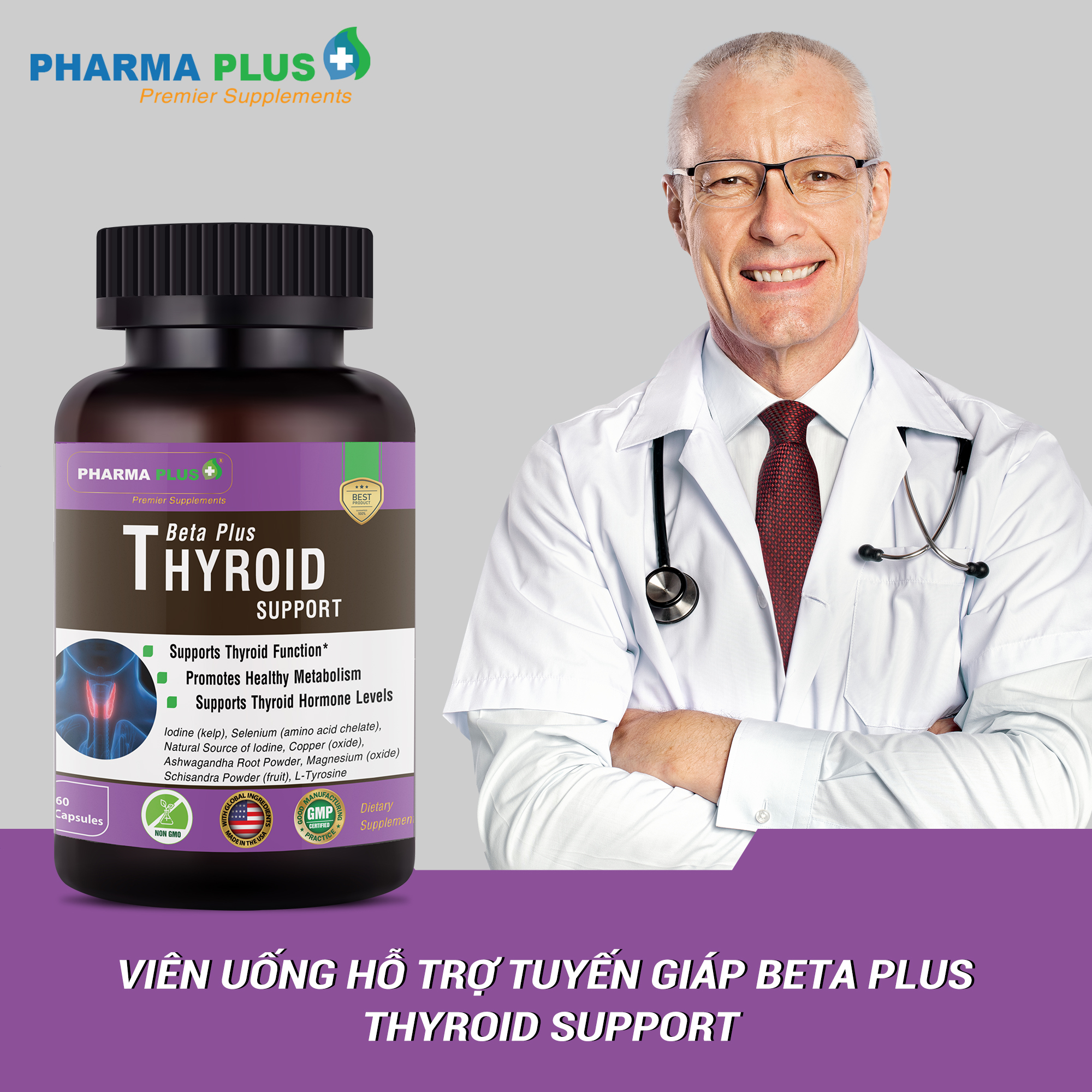Viên Uống Hỗ Trợ Tuyến Giáp | Pharma Plus Beta Plus Thyroid Support - Lọ 60V