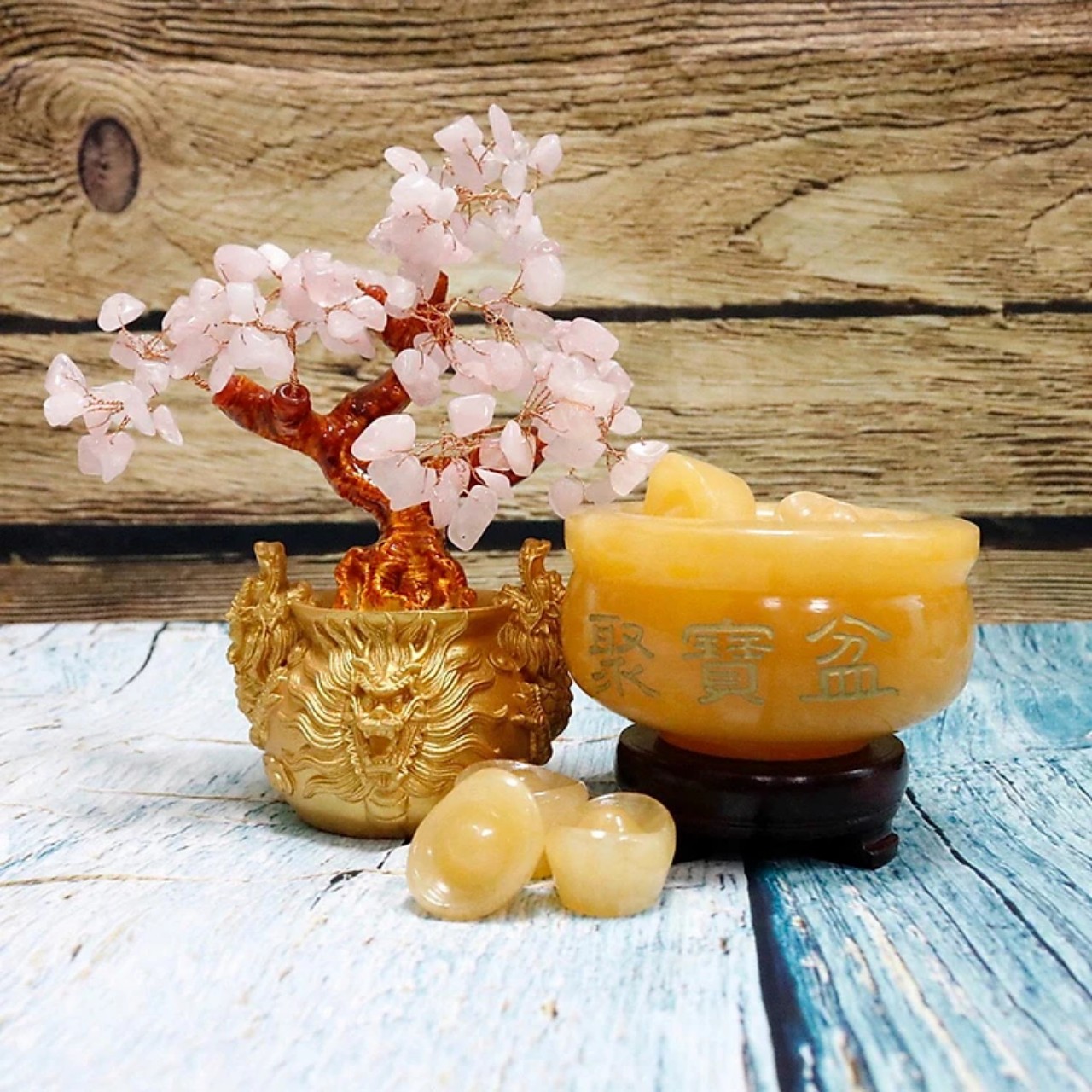Bát vàng Bát Tụ Bảo Đá Ngọc Hoàng Long Chiêu Tài kích thước 10cm + 9 thỏi vàng