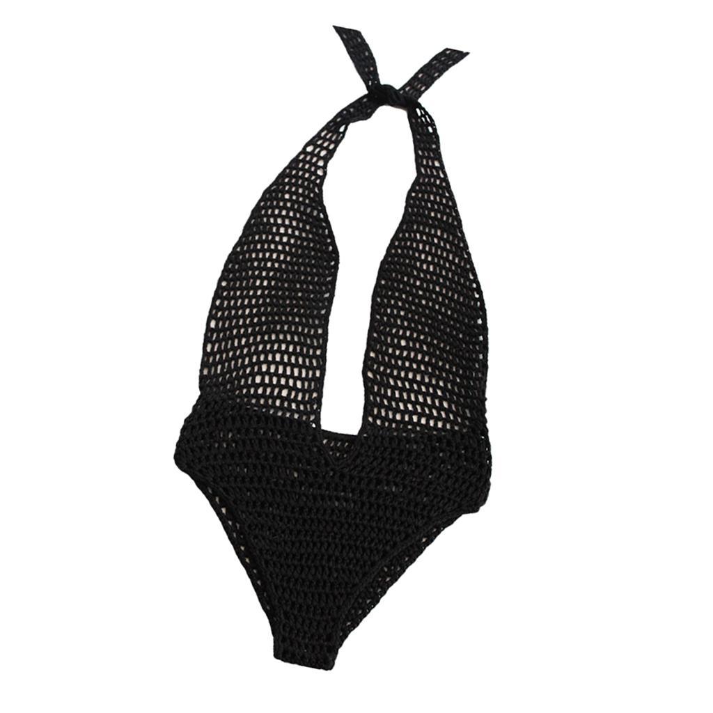 Fashion Women Ladies Black One Piece Crochet Knit Beach Bikini Monokini Swimwear Halter Deep V-neck Beachwear