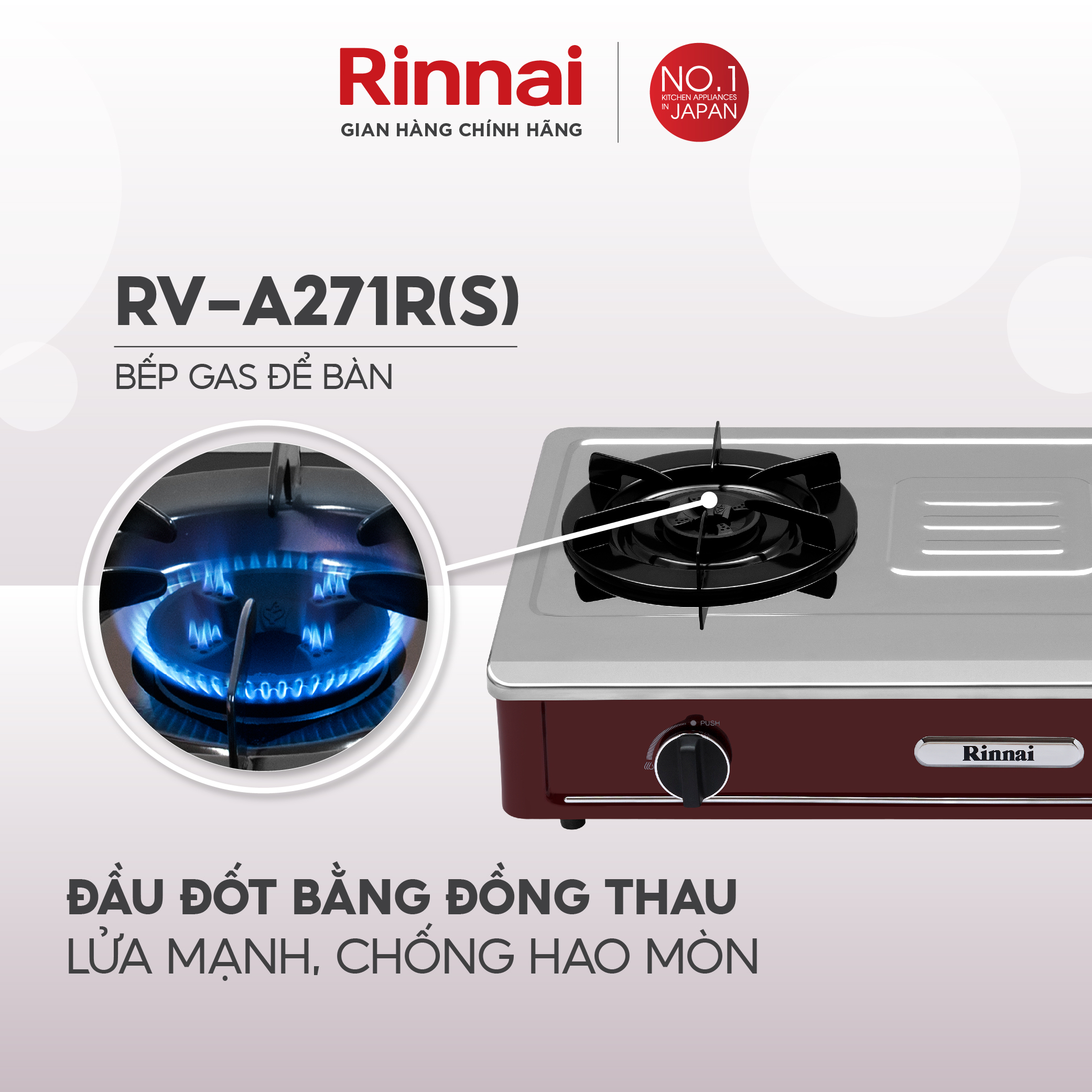 Bếp gas dương Rinnai RV-A271R mặt bếp inox và kiềng bếp men - Hàng chính hãng.