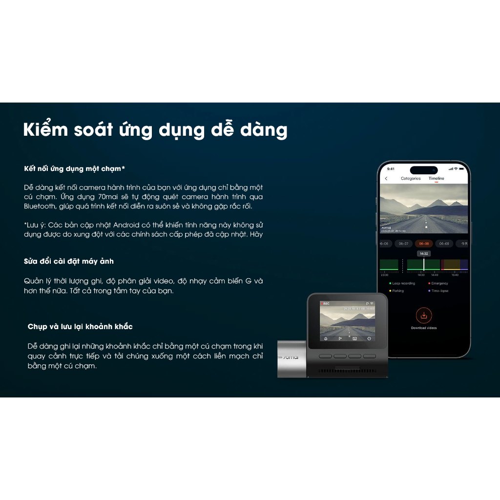 Camera hành trình 70mai A510 cảnh báo an toàn ADAS, 4G, GPS, độ phân giải 3K HDR sắc nét - Hàng chính hãng