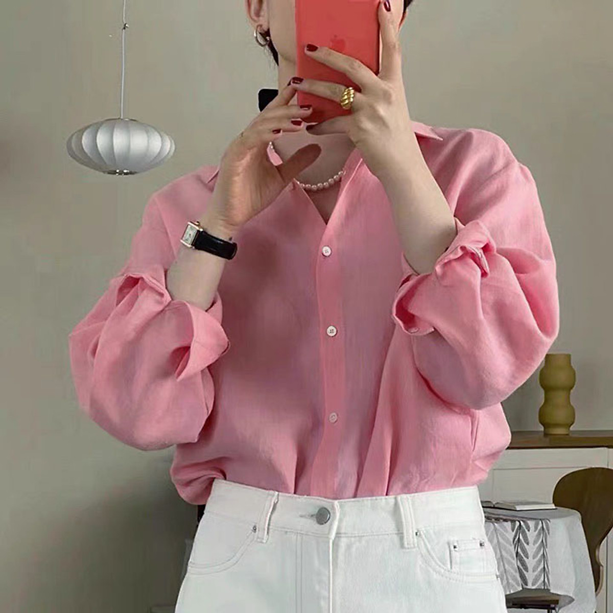 Áo sơ mi nữ form rộng Basic dài tay cổ đức, chất liệu Linen bột Premium mềm mát thoáng khí