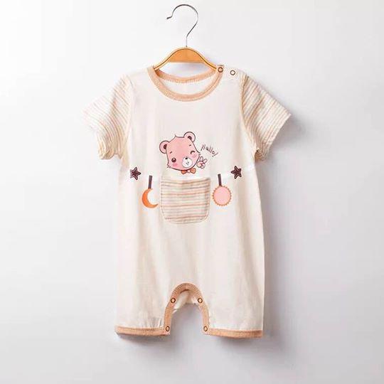 Body đùi 100% sợi cotton hữu cơ unisex in hình gấu, túi giữa