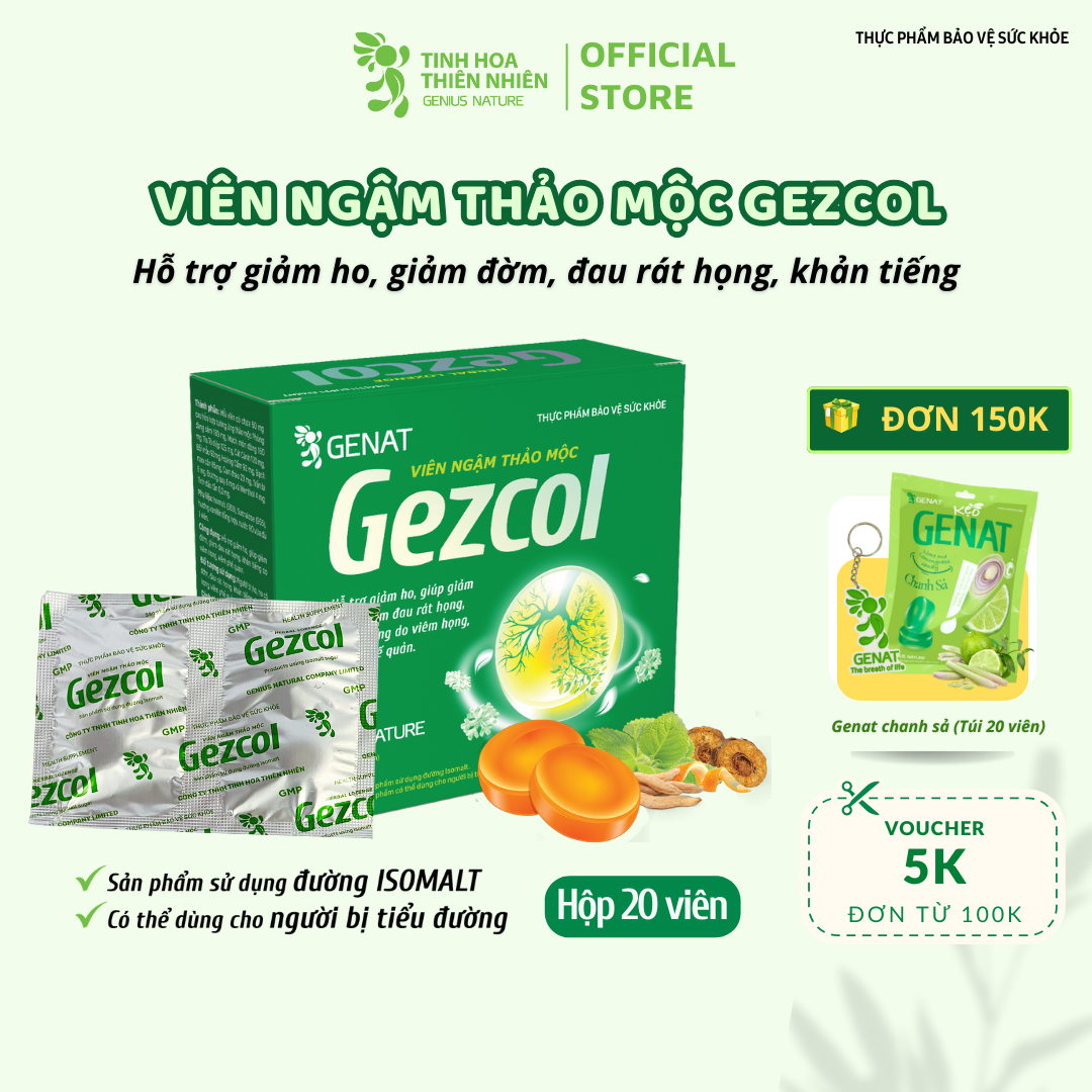 Viên ngậm Ho thảo mộc Gezcol Hỗ trợ giảm đau rát họng, khản tiếng do viêm họng, viêm phế quản - Genat