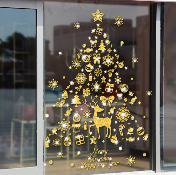 Decal trang trí Noel - Cây thông phụ kiện noel nhũ kim tuyến