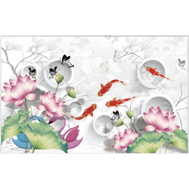Tranh dán tường Hoa sen bướm và cá chép sang trọng, tranh dán tường 3d hiện đại MS1022687