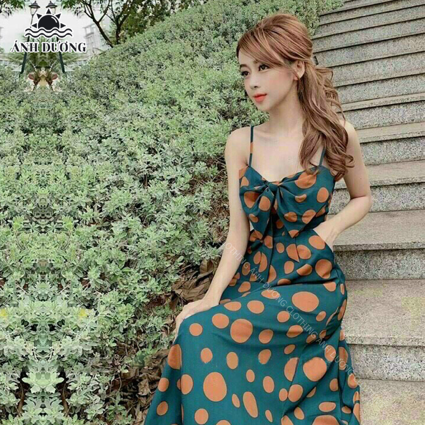 Váy 2 dây chấm bi xoè nơ ngực 2021 Ánh Dương Clothing M112