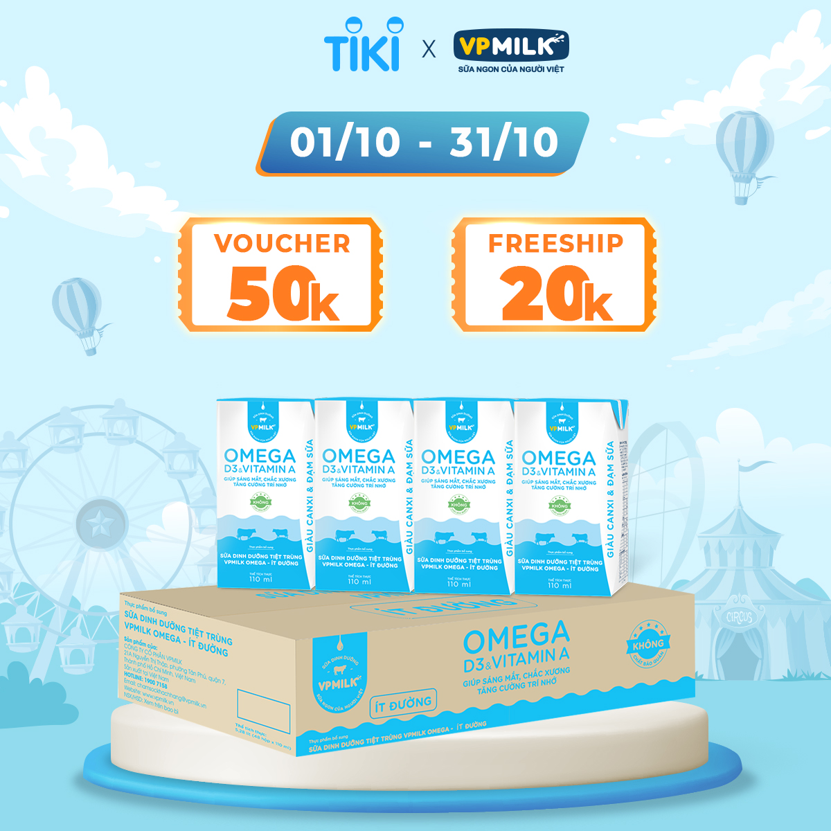 Sữa Dinh Dưỡng Tiệt Trùng VPMilk Omega Ít Đường dạng hộp cho bé trên 1 tuổi 110ml (thùng 48 hộp)