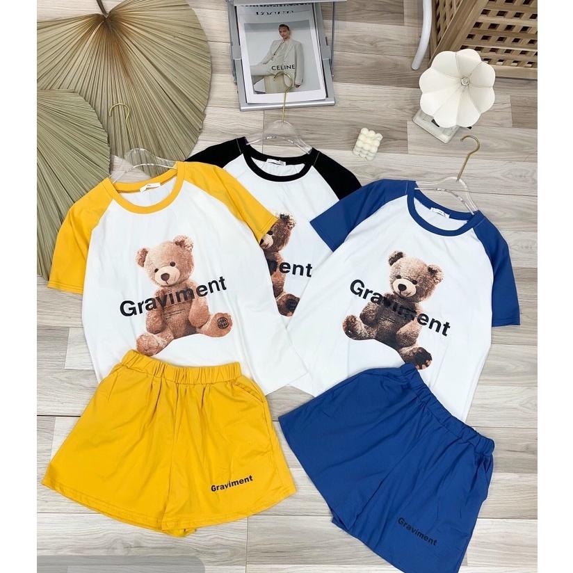 Bộ mặc nhà hot hit thun,phông cotton mát in hình gấu nâu phối tay