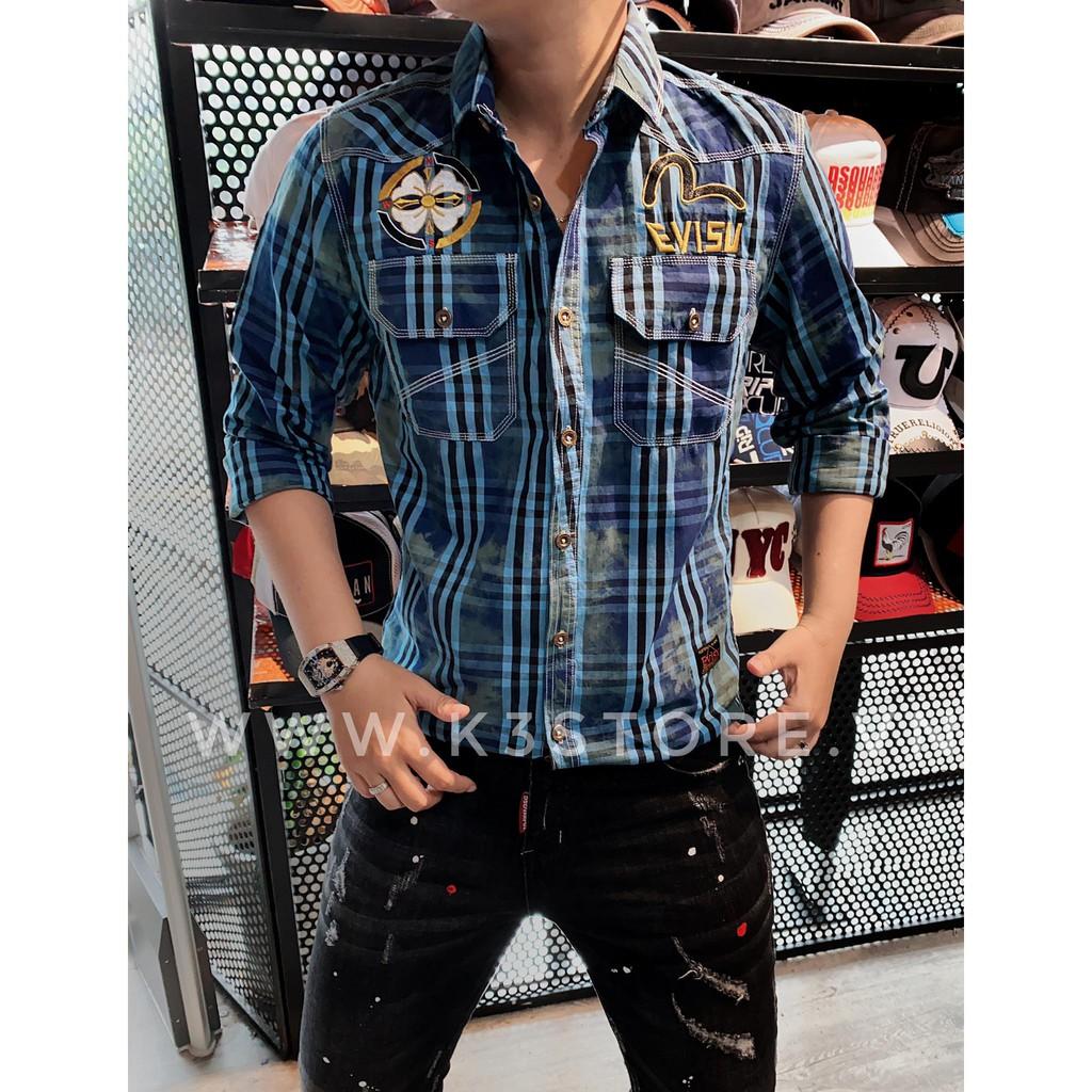 Áo sơ mi nam sọc caro xanh was bụi thêu chữ evisu kuro denim chỉ nổi toàn áo K3 STORE