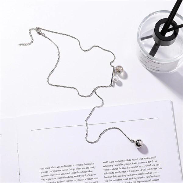 Vòng cổ thời trang Korea Style - dây mảnh kim loại bi trong hạt bẹt - Màu silver