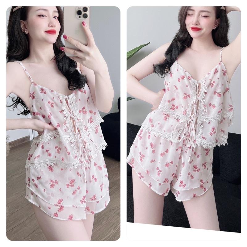 TRUCMY SHOP - Đồ Bộ Nữ, Bộ Đồ Ngủ 2 Dây Sexy Voan Tơ, Freesize 40-65kg, tuỳ chiều cao