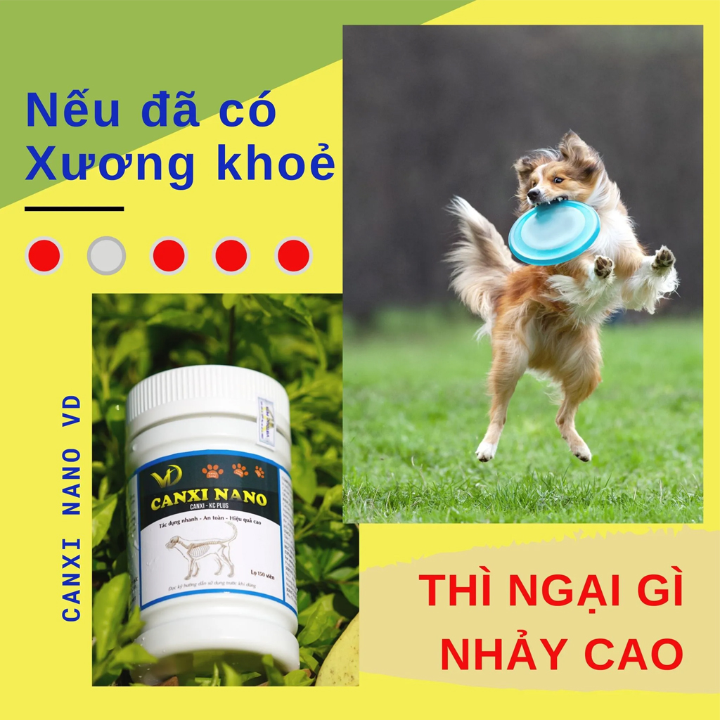 Canxi Nano cung cấp canxi cho chó, canxi cho mèo thiếu canxi, hỗ trợ tốt các trường hợp hạ bàn, cụp tai hộp 150 viên