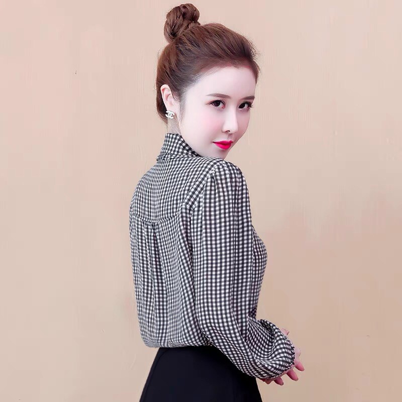 Áo sơ mi công sở nữ sọc caro phối viền bèo