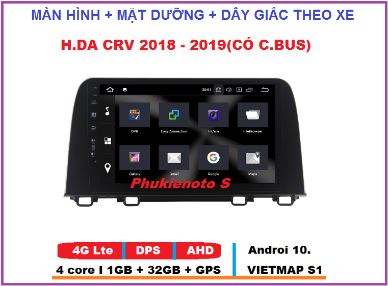 Bộ màn hình xe H.DA CRV 2018-2019 lắp sim 4G ram 1G-rom32G thu-phát wifi hỗ trợ tiếng việt, tích hợp vô lăng, ra lệnh giọng nói chỉ đường Vietmap, tiện ích lắp đặt dễ dàng Màn hình xe CRV kèm mặt dưỡng,dây giắc và C.BUS.