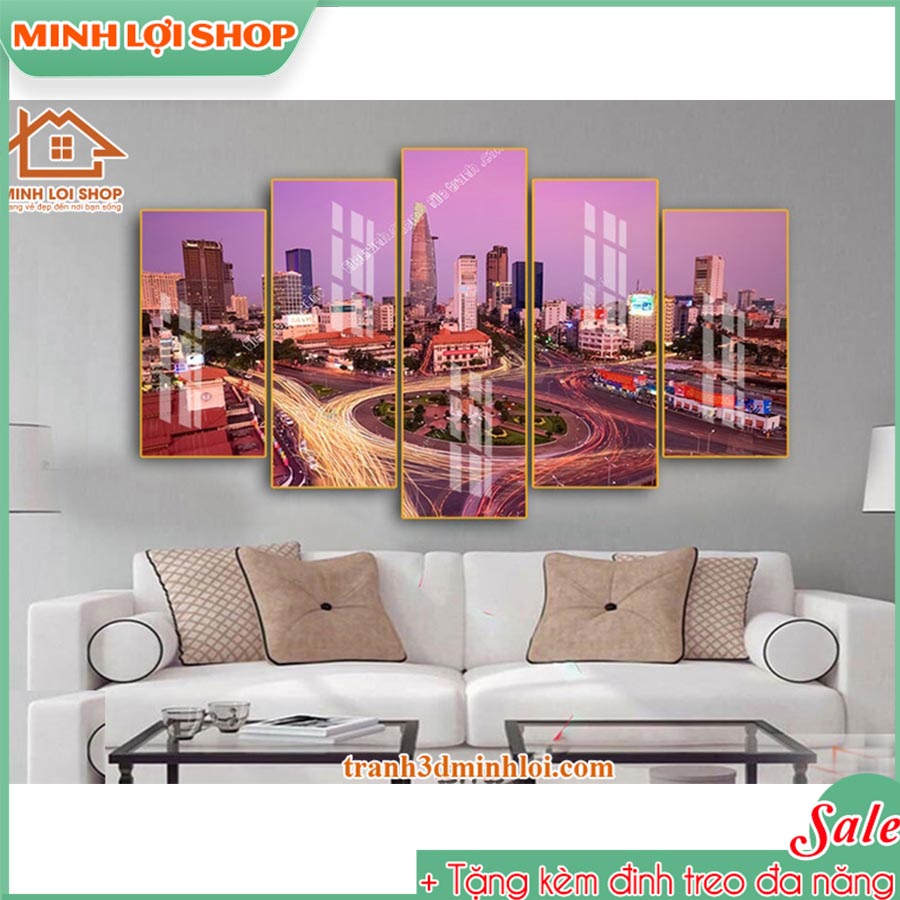 Tranh tráng gương pha lê PHONG CẢNH 5 tấm trang trí phòng khách hiện đại TẶNG KÈM ĐINH TREO 5T09