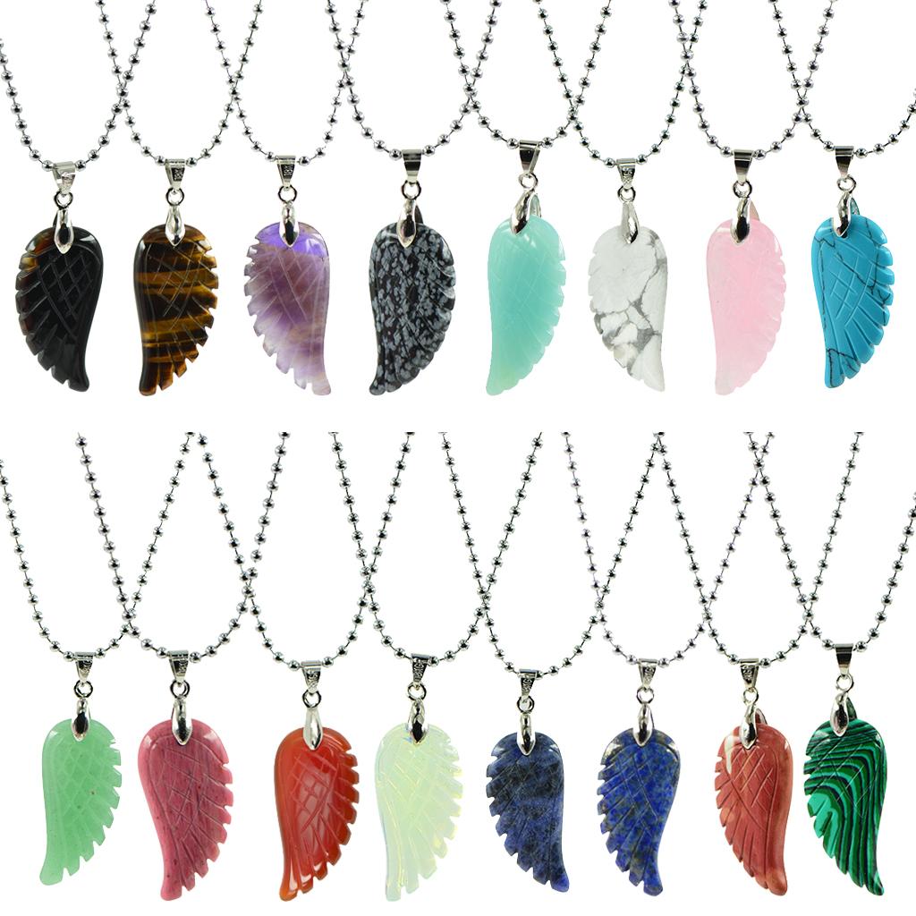Natural Gemstones Stone He ng Chakra Reiki Angle Wings Pendant Chain Necklace