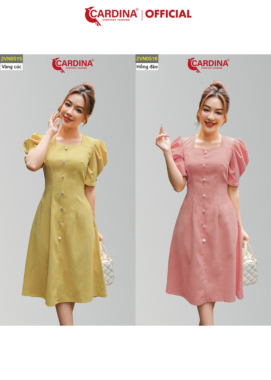 Đầm Nữ CARDINA Váy Công Sở Chất Nhung Tăm Cao Cấp Dáng Xòe Chữ A Cổ Vuông Tay Bồng Tôn Dáng Sang Trọng 2VN05