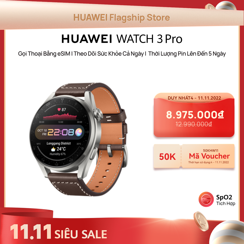 Đồng Hồ Thông Minh HUAWEI WATCH 3 Pro | Gọi Thoại Bằng eSIM | Theo Dõi Sức Khỏe Cả Ngày | Thời Lượng Pin Lên Đến 5 Ngày | Hàng Chính Hãng