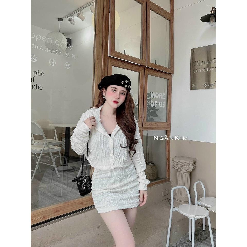 FREE SHIP Set áo khoác tay dài có nón cài nút kèm chân váy xinh siêu dễ thương KIM GIA DS