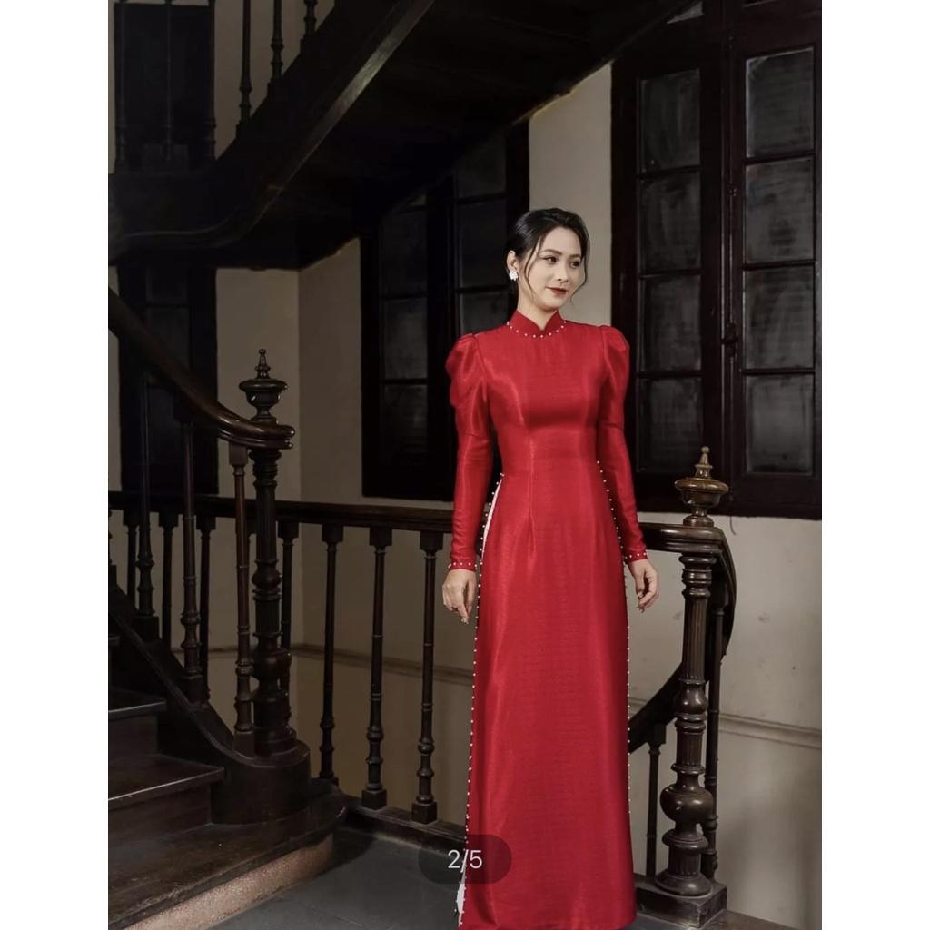 ÁO DÀI CÔ DÂU MÀU ĐỎ LỤA ĐÍNH HẠT TAY BỒNG