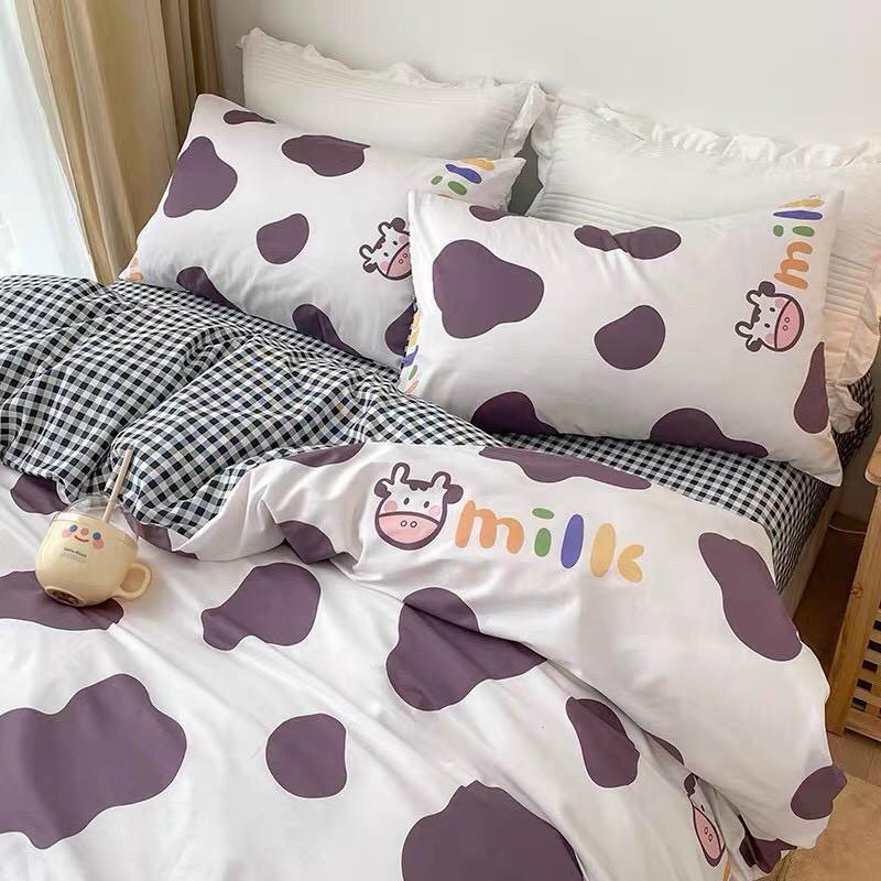 Bộ chăn ga gối Cotton poly M2T bedding Bò Milk tím, vỏ chăn mền, drap giường và 2 vỏ gối