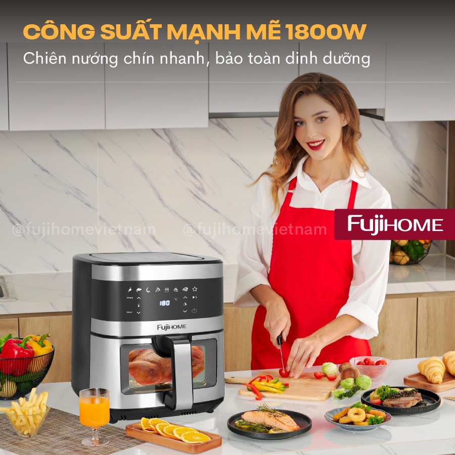 Nồi chiên không dầu 10L nhập khẩu Fujihome tự ngắt A10DG2, nồi chiên điện tử 10 Lít LCD cảm ứng 8 chế độ nấu,tặng kèm kẹp gắp - hàng chính hãng
