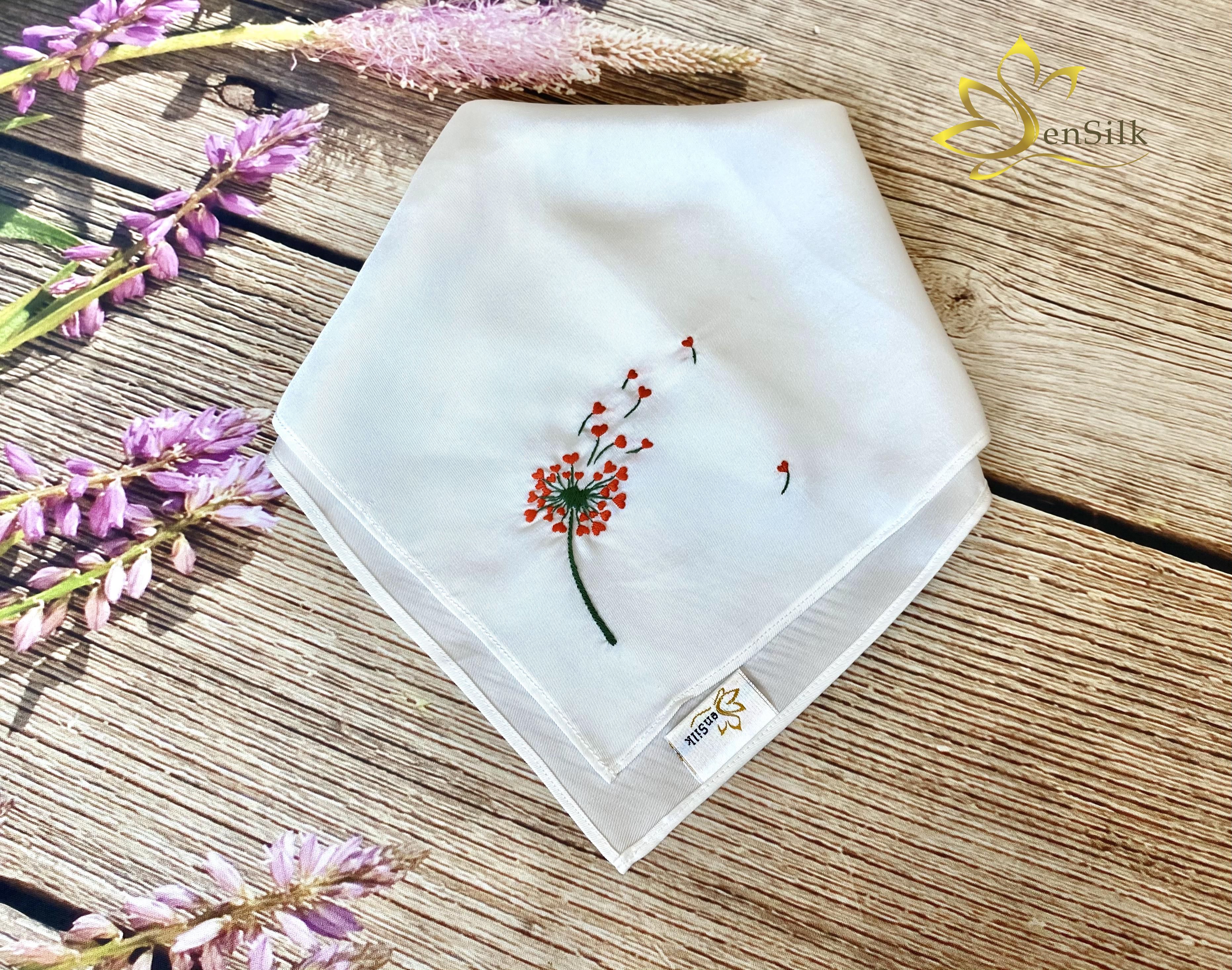 Khăn Lụa Thêu Tay Thêu Hoa Bồ Công Anh SenSilk - Quà Kỷ Yếu Siêu Cute, Embroidery Silk made in Vietnam 35 x 35 CM