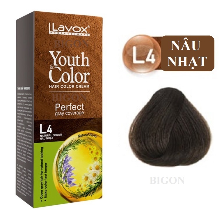 Nâu Hạt Dẻ #L4 (Mẫu Cũ Nâu Nhạt) Kem Nhuộm Dưỡng Tóc Phủ Bạc Lavox Youth&amp;Color L4