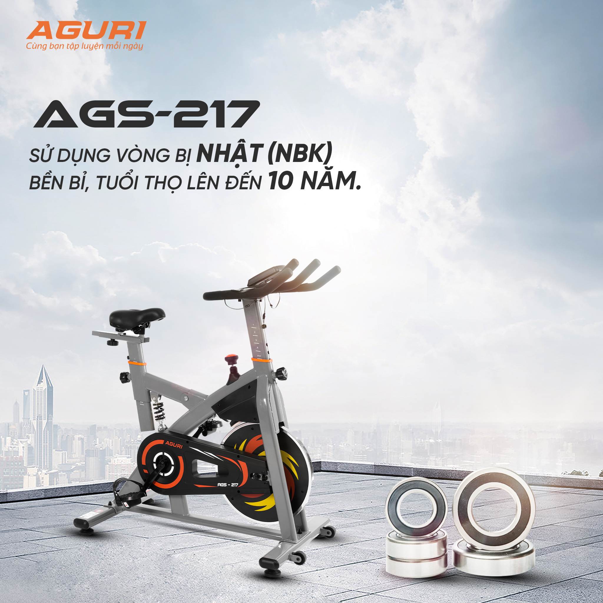 Xe đạp tập tại nhà AGS-217 tay cầm đa chấu, vòng bi NBK Nhật, bánh đà 8kg, phanh khẩn cấp, bàn đạp chống trơn trượt