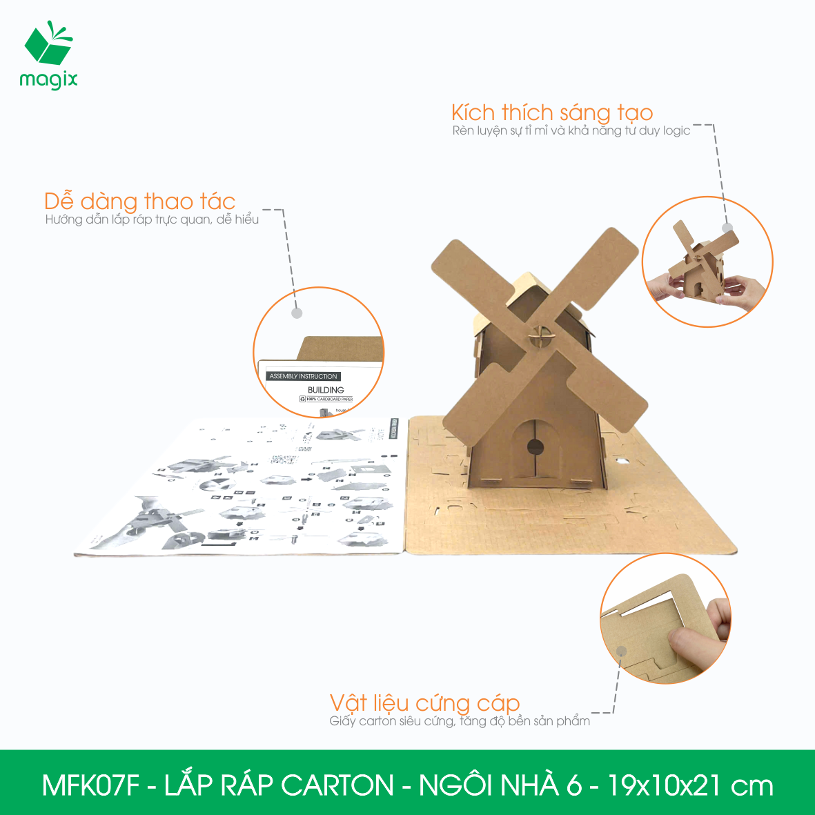 MFK07F - 19x10x21 cm - Mô hình ngôi nhà lắp ráp từ bìa carton cao cấp, nhà giấy carton mini sáng tạo
