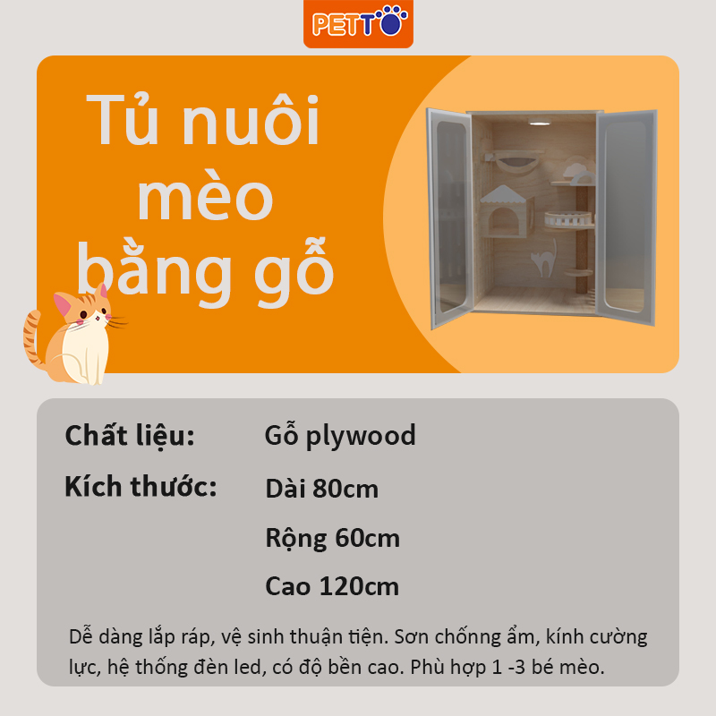 Tủ mèo bằng gỗ HIỆN ĐẠI kết hợp cửa kính cường lực trong suốt, có hệ thống ĐÈN LED tiện lợi CC016