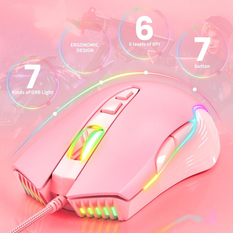 Chơi Game Có Dây Hồng Chuột Cho Máy Tính USB Công Thái Học Cô Gái Game Chuột 6400 DPI Đèn LED RGB Màu Sắc Cho Laptop game Thủ