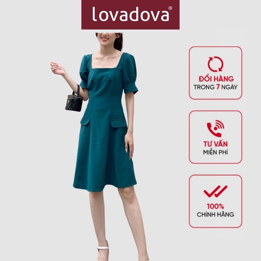 Đầm Dáng Suông, Tay Ngắn, Cách Điệu, Tay Bèo, Có Hai Túi, Khóa Kéo Sau, Màu Xanh - Lovadova 22D04C003