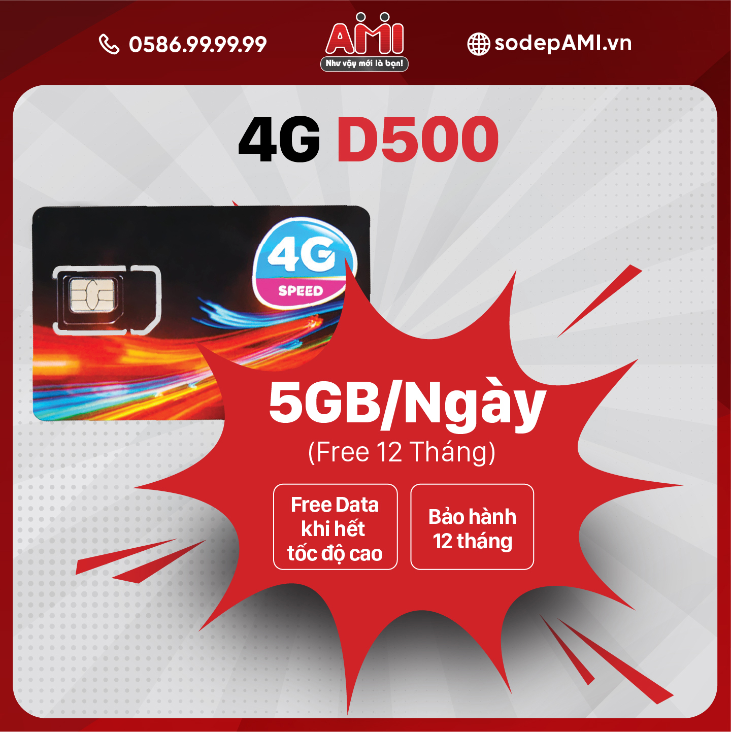 Sim 4G D500 Trọn Gói 1 NĂM - 60GB DATA - Tốc Độ Cao - Xài Thả Ga Không Lo Về Giá - Hàng Chính Hãng