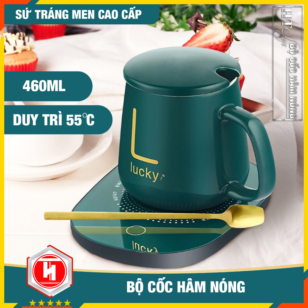 Bộ cốc hâm nóng đồ uống - HT SYS - Hâm nóng cafe, sữa, cháo... Chất liệu gốm sứ - Màu Xanh - Họa tiết chữ giao ngẫu nhiên