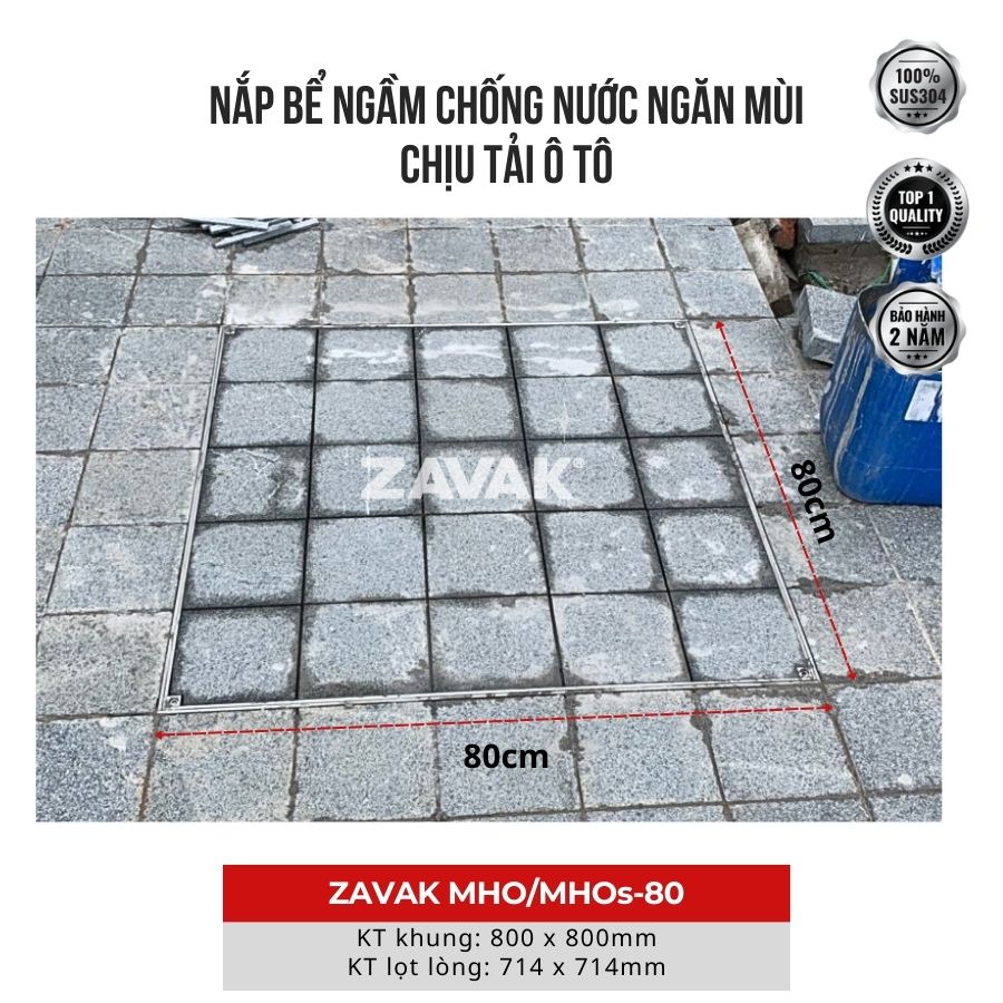 Nắp bể ngầm chống nước ngăn mùi inox ZAVAK MHO-80 / KT 80x80cm, lát gạch 1,5cm/ tải tối đa 450kg