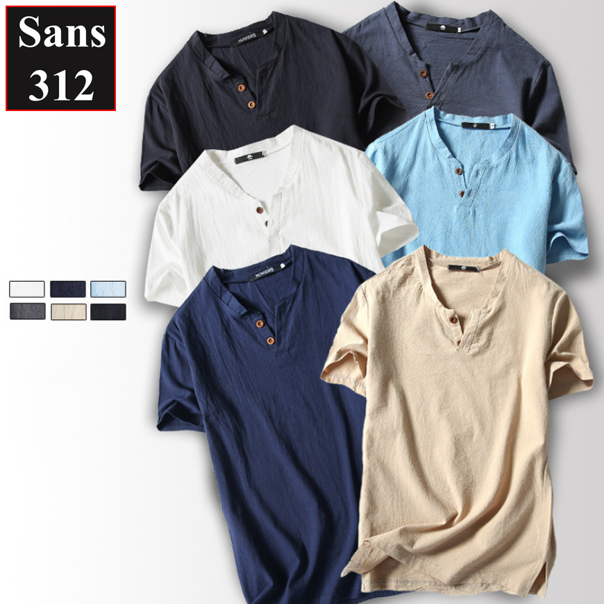 Áo thun nam đũi Sans312 chất cotton mát cộc tay cài nút cổ v trơn đẹp xịn mềm mịn big size 5XL 4XL 3XL 2XL XL L M